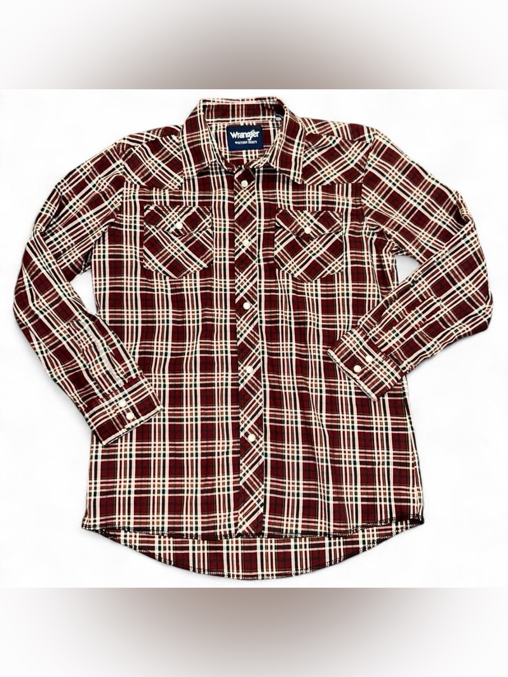 Wrangler Dark Red and White Plaid Button-Down Shirt Boys Large 10-12